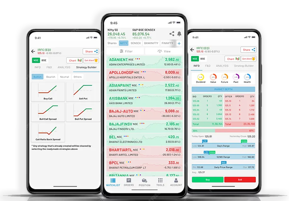 Peeaar trading app: watchlist, market depth and strategy builder screens