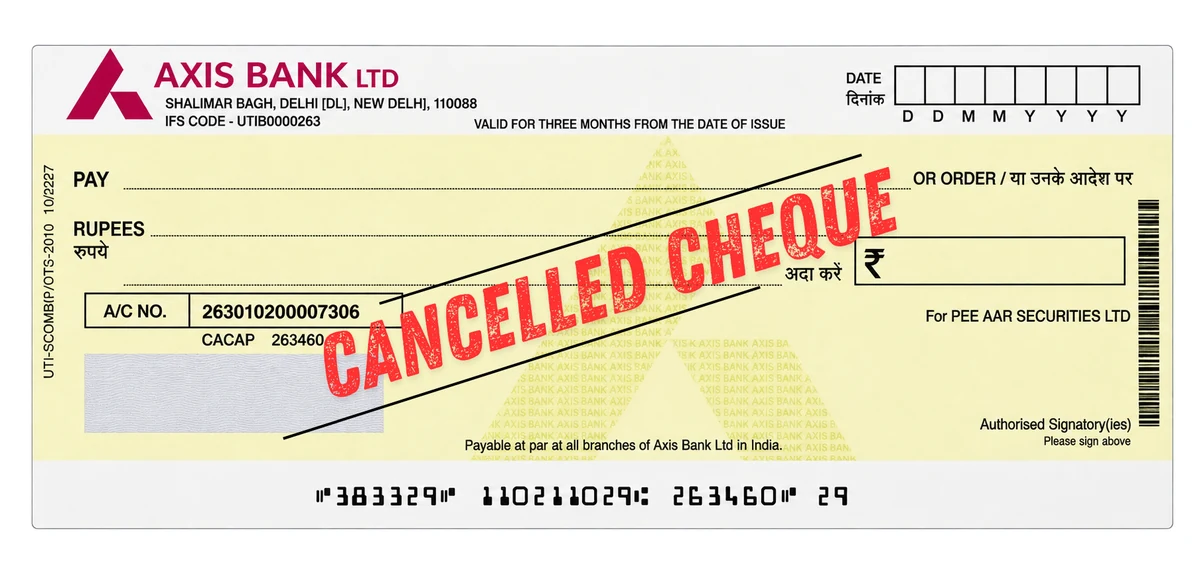 Cancelled cheque of Pee Aar Securities Ltd, Axis Bank Limited, Shalimar Bagh branch, account number 263010200007306, IFSC UTIB0000263